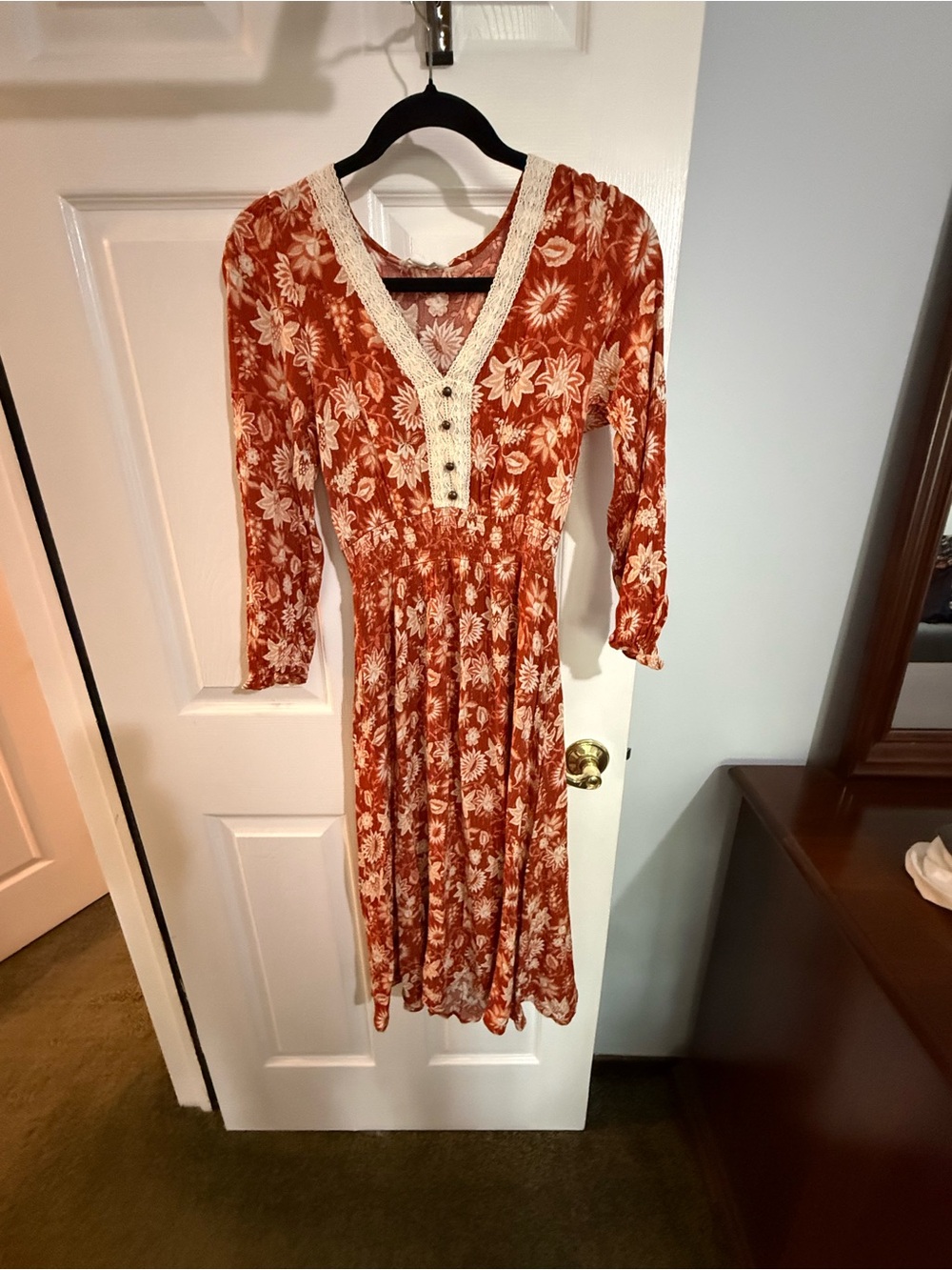 Floral Rust Midi Dress with Lace Trim